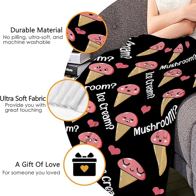 Thuswarm Mushroom Or Ice Cream Flannel Throw Blanket Warm Cozy Soft Funny Print Blankets for Bed Couch Sofa Room Decoration Gifts 120"×90" Extra Large for Family