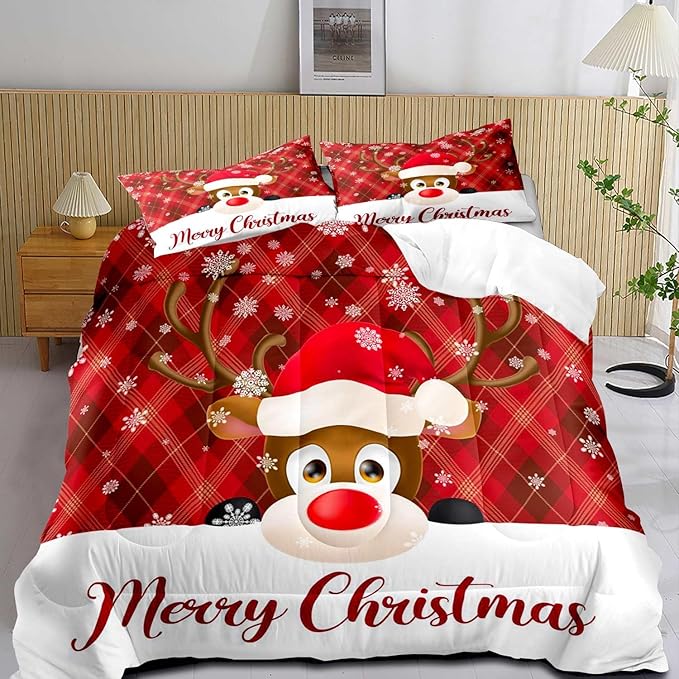 LUVIVIHOME 3PCS Merry Christmas Comforter Set King Size, Snowflake Cartoon Funny Cute Elk Deer Bedding, Xmas Christmas Bedroom Decor, Soft Microfiber White Red Quilt, 2 Pillow Shams