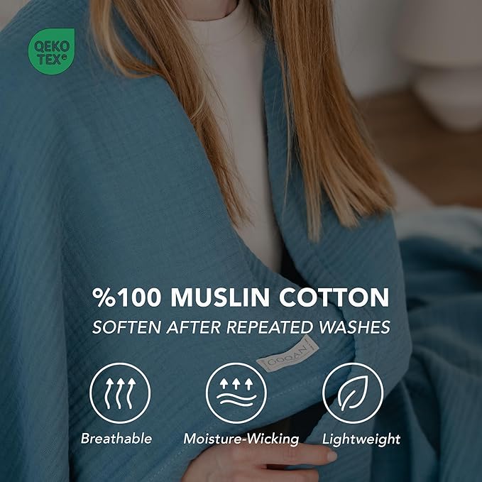 Goqan Muslin Blanket Twin 55x79 – 100% Cotton 4 Layer Boho Muslin Blanket for Adults, Lightweight, Soft, Breathable, for Bed, Couch - Teal