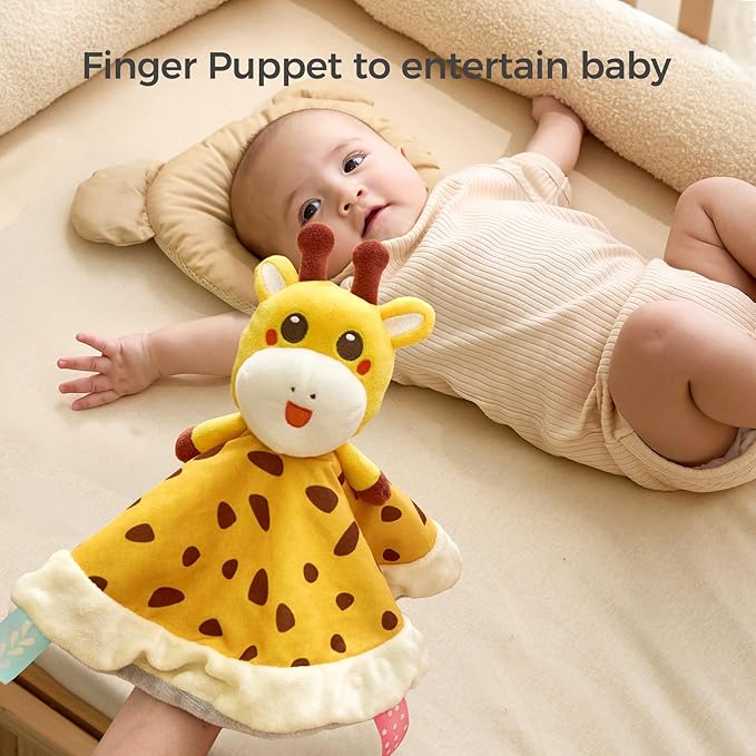 TUMAMA Baby Security Blanket Lovey,Soft Fleece Velvet Minky Dot Blanket with Stuffed Animal&Teething Rings,Newborn Essentials for Babies Girls Boy,Giraffe