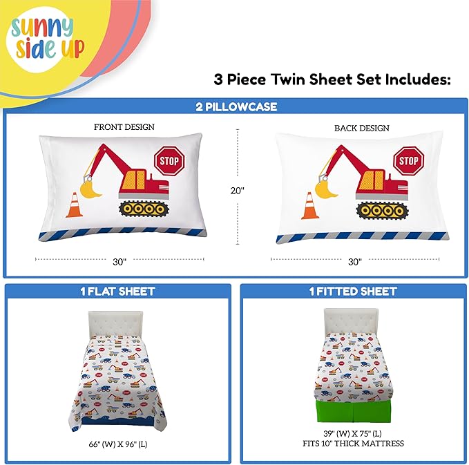 Sunny Side Up Construction Zone Twin Sheet Set - 3 Piece Kids Bedding Set Includes Pillow Cover - Super Soft Trucks Microfiber Sheets