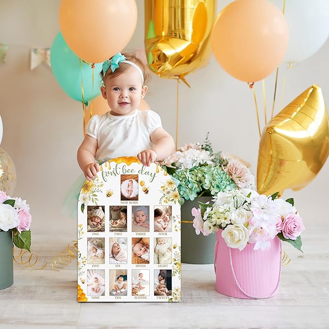 First Bee Day My First Year Photo Board, Bee Baby Milestone Signs for Boys Girls Nursery Decor, 12 Month Wooden Picture Board for 2x3 Photos, Best Babies Keepsake Gifts-A18