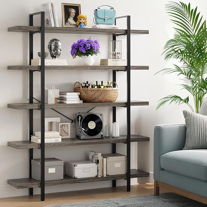 Bookcase, 47 Inch Wide Wood Bookshelf, 120lbs Shelf Capacity, Rustic Open Shelving Industrial Display with Reinforced Horizontal Shelves for Living Room Bedroom Office (5 Tier - Grey) 2 Set