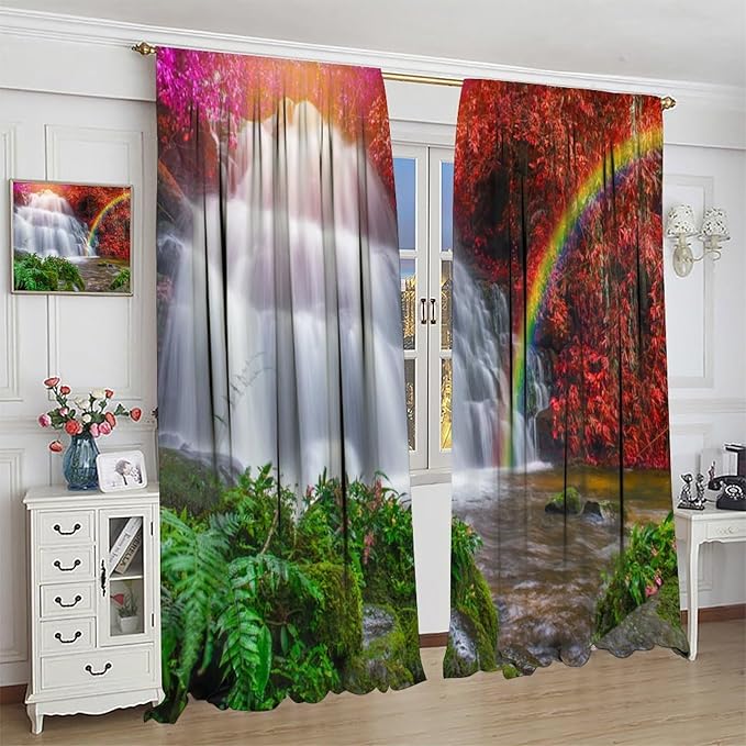 Waterfall Blackout Curtains, Nature Landscape Forest Mountain Waterfall Scenery Scene Print Pattern Window Drapes, for Bedroom Living Room 52" W X 84" L