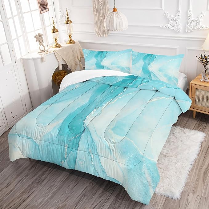 Comforter Set Blue Marble: King Size Aqua Blue Bedding Sets for Women Girls Teens Bedroom Luxury Silver Glitter Quilt Abstract Marbling Bed Set 1 Comforter & 2 Pillowcases