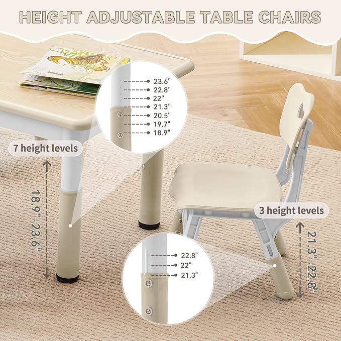 Kids Study Table and Chairs Set, Height Adjustable Toddler Table and Chair Set for Kids Ages 3-8, Graffiti Desktop (Burlywood - 2)