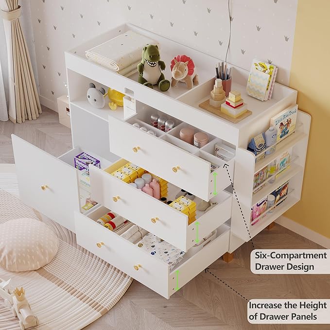 Baby Changing Table Dresser,Diaper Changing Table with Large Tabletop,4 Drawers, Open Storage Space & Side Shelves,Modern Storage Crib with Changing Table for Nurseries and Baby Rooms,White