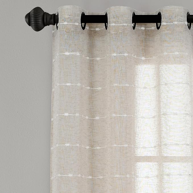 Lush Decor Farmhouse Textured Grommet Sheer Window Curtain Panel Pair, 38"W x 63"L, Beige