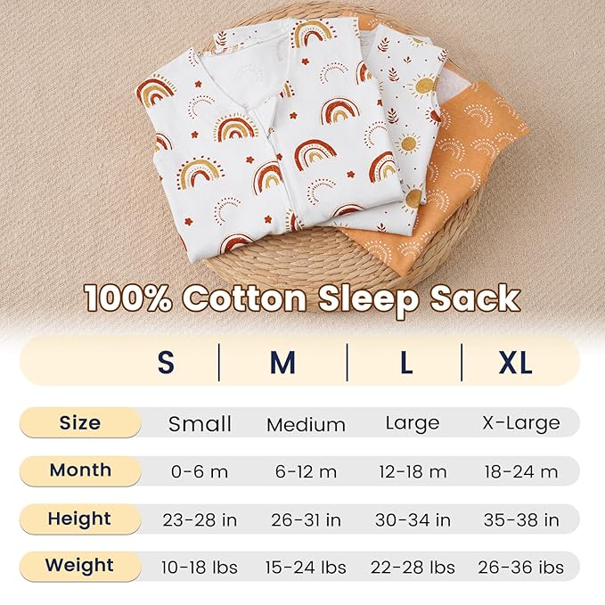 PHF Soft Baby Sleep Sack 0-6 Months 100% Organic Cotton Wearable Blanket, 2-Way Zipper 0.5 TOG Toddler Sleeping Sack 3 Pack, Comfy Sleep Bag for Baby Boys Girls, Rainbow (Small)