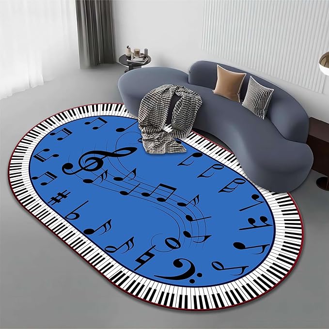 Kids Piano Music Area Rug, 5x6ft, Black and White Keys Musical Notes Design Rug, Music Classroom Decorative Floor Mats, Non-Slip Washable Indoor Carpet for Children's Bedroom Playroom Nursery
