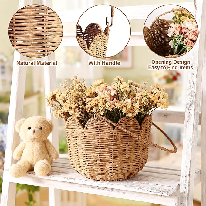 Scalloped Edge Round Basket with Handle, Super Sturdy Wicker Storage Baskets, Hand Woven Basket for Shelves,Natural Baskets for Organizing (Brown Rattan, 10.2"*10.2"*7.3")
