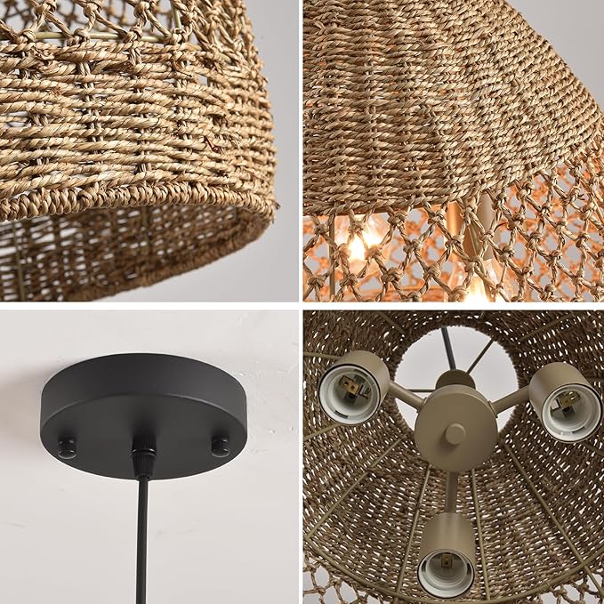 19.7" Rattan Light Large Pendant Light Fixture,Boho Coastal Ceiling Hanging Woven Wicker Chandelier of Farmhouse Living Room Kitchen Island Dining Room, Hallway