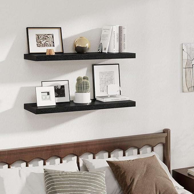 Fun Memories Deep Floating Shelves, 36" W x 12" D Wood Floating Shelves for Wall, 2 Pack Extra Deeper & Thicker Wall Mounted Storage Shelf for Living Room Laundry Room Kitchen Home Office, Black