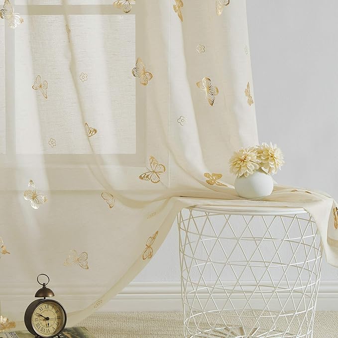 Jubilantex Butterfly Sheer Curtain Panels for Girls Nursery Bedroom, Toddler Gold Print Linen Textured Voile Farmhouse Rod Pocket Window Drapes 84 Inch for Kids Room, 2 Panels, Ivory/Beige