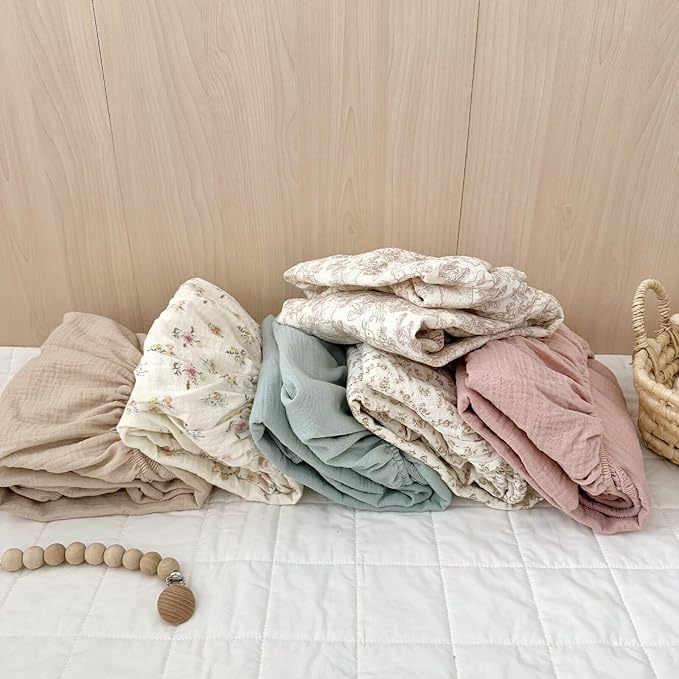 BuLuTu Muslin Pack and Play Sheets Fitted, 38"x26", 2 Pack Mini Crib Sheets for Pack N Play Mattress, Soft Breathable Baby Mattress Sheets Fitted Playard Sheets, Beige & Forest