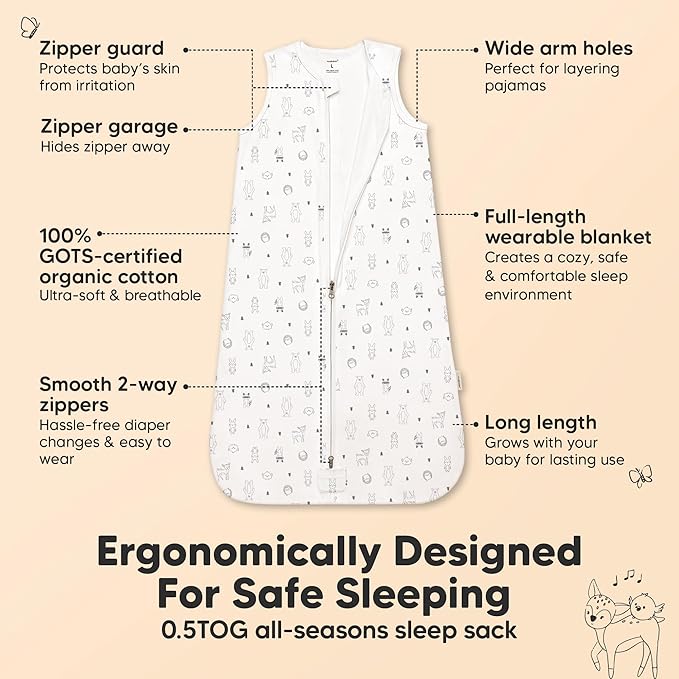 2-Pack Baby Sleep Sacks, Zipper Wearable Blanket - 0.5TOG Organic Cotton, Lightweight, Soft Cozy Infant Sleeping Sack 3-6 months, Easy to Wear Small Newborn Transition Swaddles Sleepsacks (Woodland)