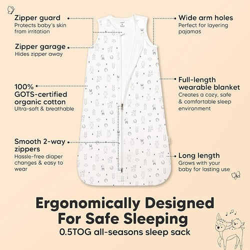 2-Pack Baby Sleep Sacks, Zipper Wearable Blanket - 0.5TOG Organic Cotton, Lightweight, Soft Cozy Infant Sleeping Sack 3-6 months, Easy to Wear Small Newborn Transition Swaddles Sleepsacks (Woodland)