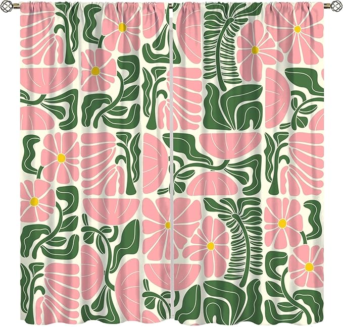 70s Flowers Curtains,Retro Geometric Boho Vintage Botanical Green Pink Flower Curtain for Bedroom Living Room Bathroom Window Curtains,70s Mid Century Flowers Window Treatments 55" W X 63" L