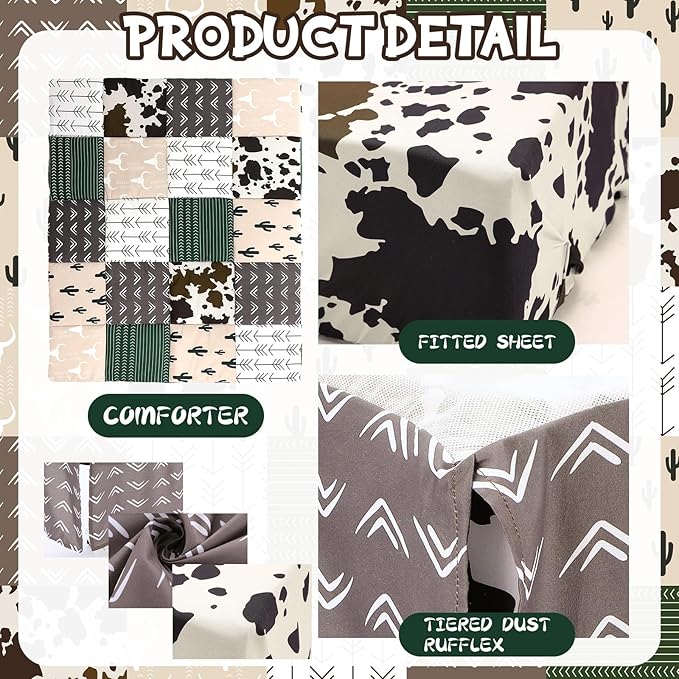3 Piece Patchwork Western Crib Bedding Set, Neutral Cow Cactus Print Baby Bedding, Barnyard Western Nursery Decor, Standard Size Soft Baby Bed Set Includes Quilt, Fitted Crib Sheet, Bed Skirt