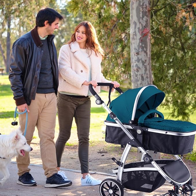 Baby Stroller, 2-in-1 Reversible Toddler Seat with Bassinet Mode, Foldable Infant Stroller with Canopy, One Button Brake, Adjustable Handle, Newborn Pushchair(Blue)