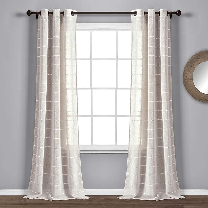 Lush Decor Farmhouse Textured Grommet Sheer Window Curtain Panel Pair, 38"W x 84"L, Beige