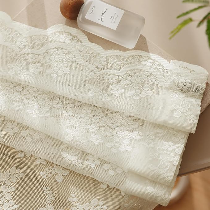 Anmao Vintage Lace Kitchen Curtains 18 Inches Long 2 Panels, Romantic Semi Sheer Floral Over Sink Lacy Cafe Curtain, Elegant Window Short Small Drapes, 55W x 18L, Ivory