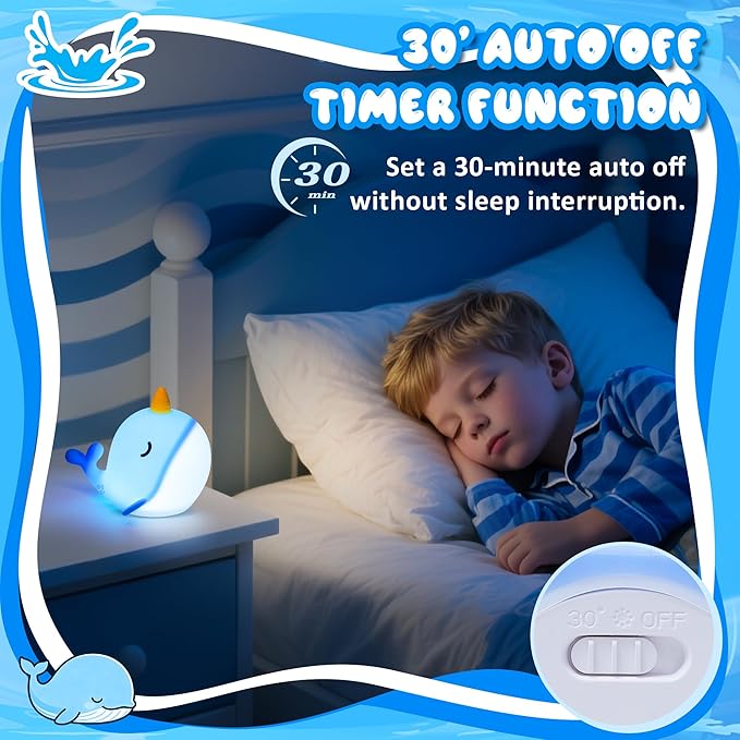 Ammonite Blue Narwhal Night Light, Soft Silicone Whale Nursery Lamp with 3 Dimming Levels and 30-Minute Timer, Touch Control Nightlight for Bedroom Decor, Christmas Birthday Gift