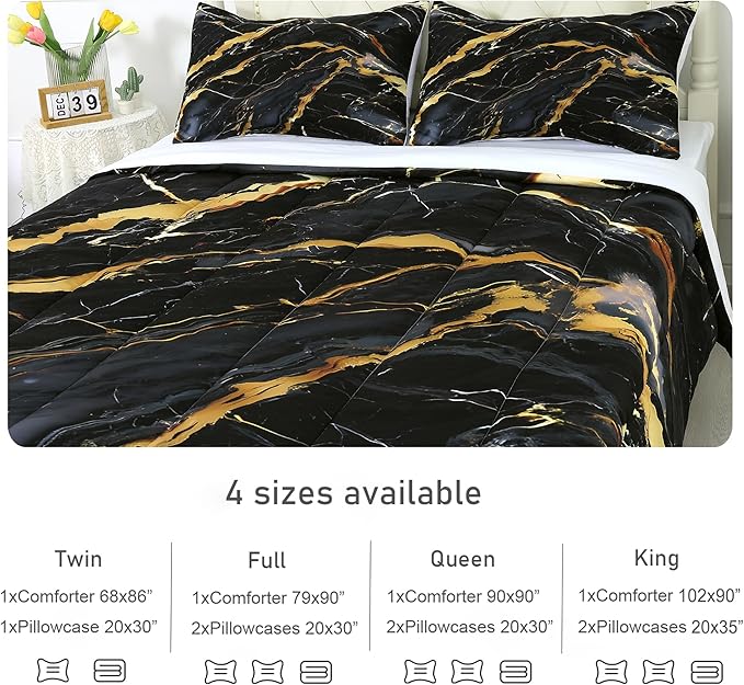 Black and Gold Marble Comforter: Full Size Abstract Marbling Bedding Sets Luxury Gold Glitter Quilt Bed Set for Teens Boys Adults Bedroom Decor 1 Comforter & 2 Pillowcases