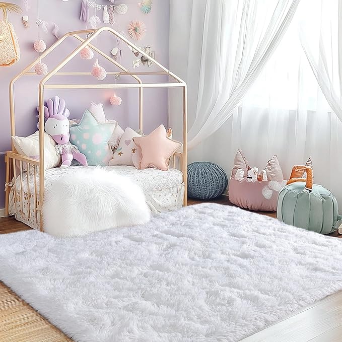 Fluffy 4x6 Area Rug–1.4" High-Pile Plush Carpet, Fuzzy Nursery Rugs for Bedroom, Soft Throw Rug for Living Room–White