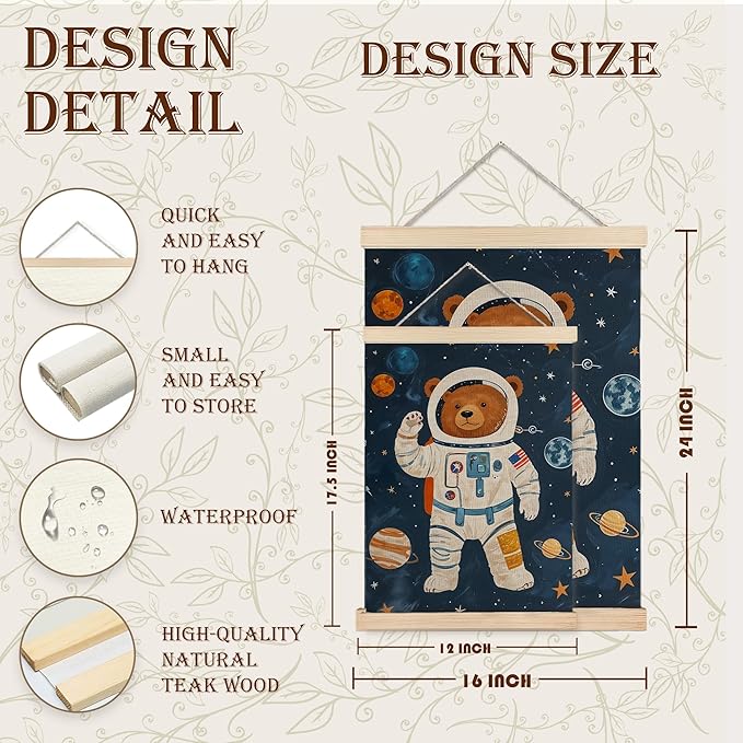 URLLUAE Astronaut Bear Space Wall Art Posters for Kids Room, Cute Outer Space Planet Poster Hanger Frame for Boys Bedroom Classroom Nursery Playroom Wall Decor, 16x24 Inch