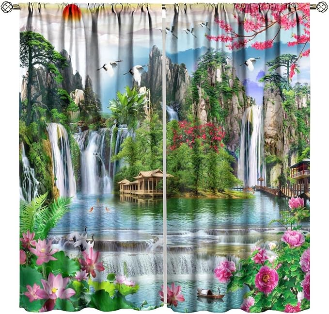Waterfall Blackout Curtains, Forest Waterfall Rocky Lotus Fish Landscapes Print Window Drapes, for Living Room Bedroom 63" W X 63" L