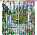 Waterfall Blackout Curtains, Forest Waterfall Rocky Lotus Fish Landscapes Print Window Drapes, for Living Room Bedroom 52" W X 84" L