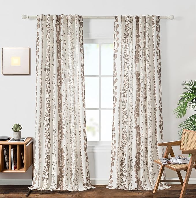 MEETSKY Boho Curtains for Bedroom Linen Style Boho Curtains 84 Inches Long 2 Panels Brown Semi Sheer Privacy Protection Drapes for Living Room Printed Window Treatment, 50x84 Inch