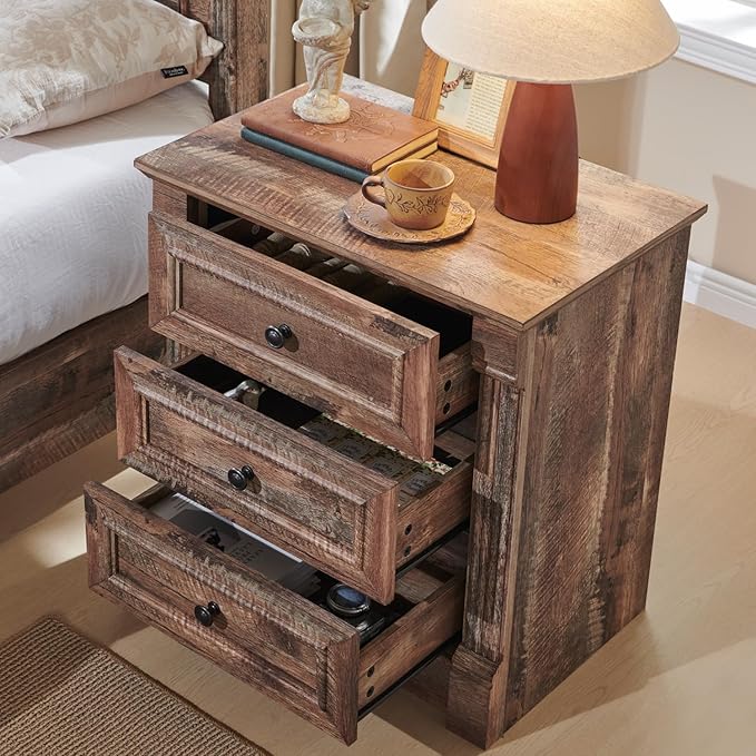 26" Tall Nightstand with Charging Station, Farmhouse 23.6" Wide Large End Table w/Roman Column, Wood Rustic Side Table w/Metal Handle, 3 Drawers Dresser for Bedroom, Living Room, Light Brown
