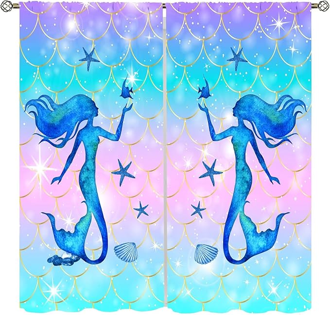 Mermaid Scale Curtains for Kids Girls Magic Gradient Mermaid Fish Scale Pattern Decoration Bedroom Nursery Curtains 42x44 Inch