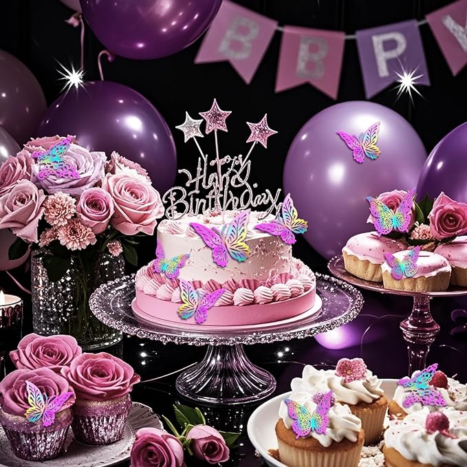 3D Butterfly Wall Decor 3 Sizes 4 Styles Butterfly Party Decorations Cake Decorations Removable Stickers Wall Decor Room Mural Metallic Kids (Laser Pink Purple, 48Pcs)