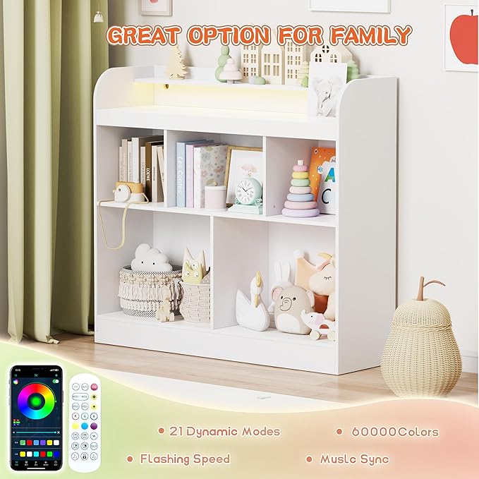 Lkeiyay Open Shelf Kids Bookcase，Montessori Toy Organizer with LED Lights - White Wooden Open Bookcase for Kids, Bedroom, Back to School，Playrooms & Nurseries
