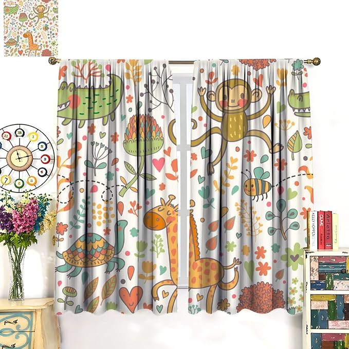Cute Monkeys Curtains, Zoo Theme Cartoon Funny Animals Crocodile Giraffe Turtle with Flowers Print Thermal Insulation Window Drapes for Kids Boys Girls Baby Bedroom Living Room 52x84in