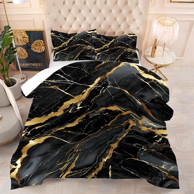 Black and Gold Comforter King: Abstract Black Marble Bedding Sets for Teens Adults Bedroom Home Decor Modern Luxury Gold Glitter Quilt Bed Set 3 Piece