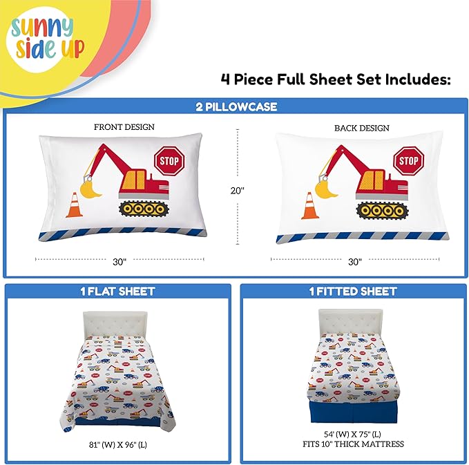 Sunny Side Up Construction Zone Full Sheet Set - 4 Piece Kids Bedding Set Includes Pillow Cover - Super Soft Trucks Microfiber Sheets