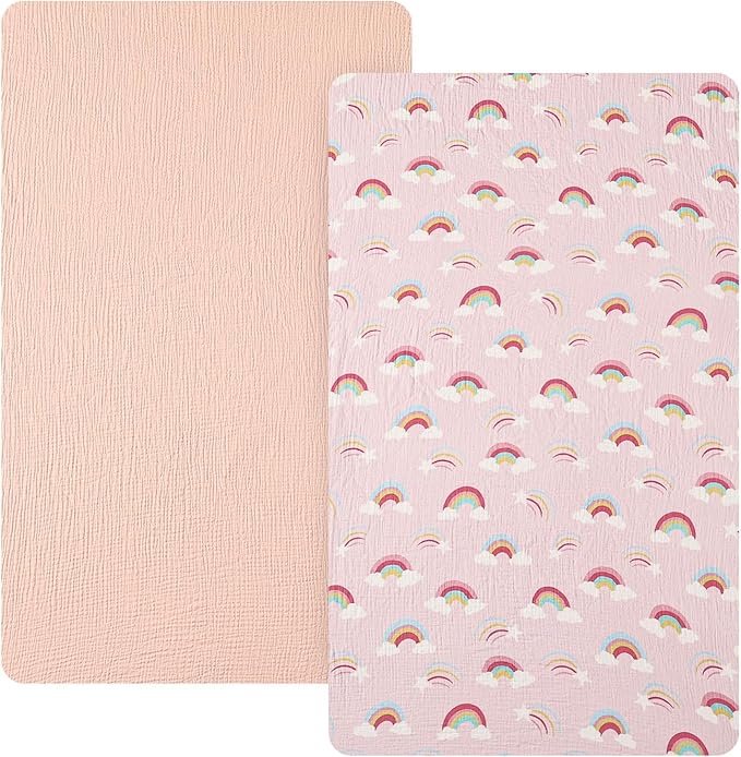 david's kids Muslin Mini Crib Sheets, 2 Pack Cotton Pack N Play Sheets for Girls, Soft Breathable Baby Sheets Fit Pack N Play, Playard and Mini Crib Mattresses, Rainbow