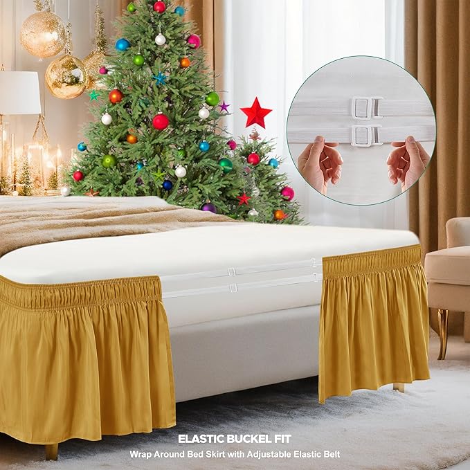 Biscaynebay Wrap Around Bed Skirts for Full & Full XL Beds 15" Drop, Christmas Gold Adjustable Elastic Dust Ruffles Easy Fit Wrinkle & Fade Resistant Silky Luxurious Fabric Machine Washable