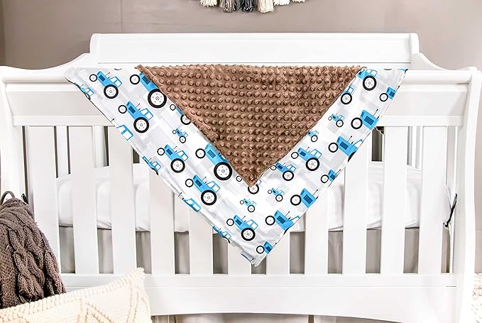 Top Tots Baby Blanket - Tractor with Brown Minky Dot, 38.5 x 29 Inch Blue & Grey
