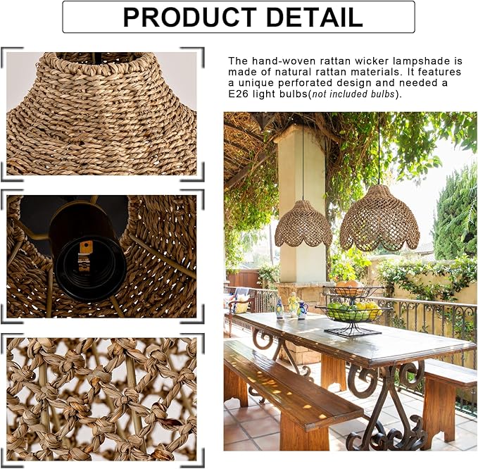 13.8inch Rattan Light, Rustic Hand Woven Wicker Pendant Light Brown Rattan Ceiling Lighting Fixtures for Living Room Dining Room Bedroom Kitchen Island Hallway,1-Light