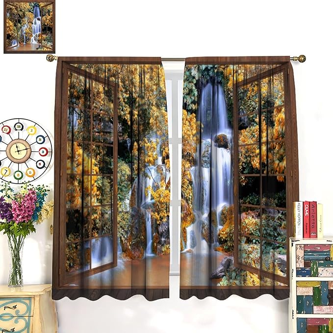 Waterfall Blackout Curtains, Waterfall Forest Landscape Wooden Window Print Pattern Window Drapes, for Bedroom Living Room 42" W X 45" L