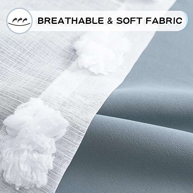 MYSKY HOME Dusty Blue Curtains for Bedroom & Kids Room - 54 Inch Long, Double Layer, White Pom Pom, Sheer, Grommet, Darkening, Small Window, 2 Panels, 52 x 54 in