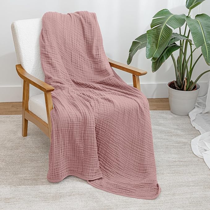 Comfy Cubs Muslin Throw Blanket - 50” x 60” Quilted Design - Lightweight, Breathable 6-Layer Gauze Fabric - Soft Cotton Blanket for Home or Travel - Packaged in Elegant Gift Box - Mauve