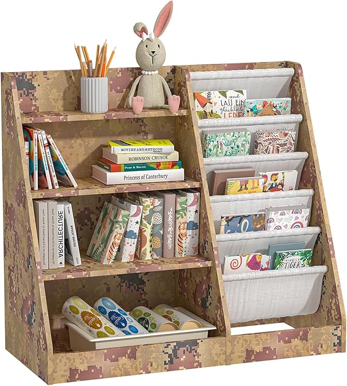 NACHES Montessori Kids Bookshelf Fabric Sling Pockets & Open Shelves – Front Facing Toddler Book Display and Toy Storage Organizer for Nursery Playroom or Bedroom 35" Wide (Camouflage Color, Middle)