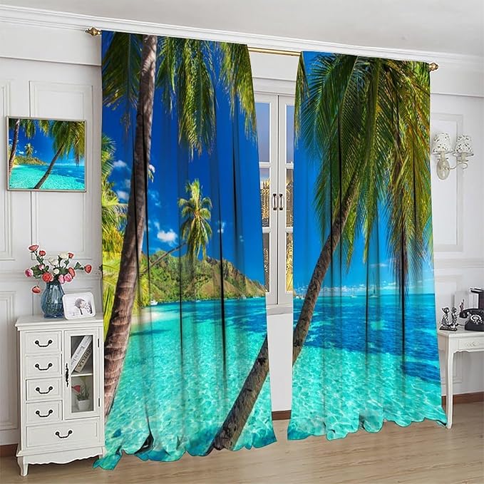 Ocean Beach Curtains,Sunshine and Beach Hawaiian Seaside Scene Pattern Blackout Print Home Bedroom Living Room Window Treatments 2 Panel Set 42x45 Inch