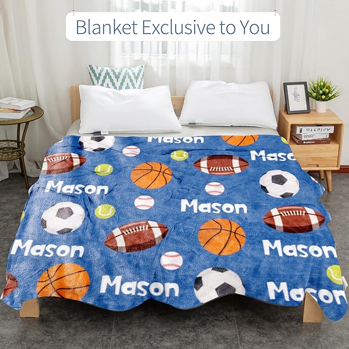Personalized Ball Blanket with NameforBoysCustom Name BlanketforKids BallSoft Flannel Ball Toddler Blanket CustomizedGiftforBirthday Christmas Baby Shower Newborn Gift 60in X 80in 6-balls-blue